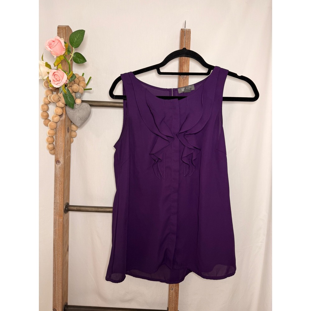 Kenneth Cole Reaction Purple Ruffle Front Sleeveless Blouse Top Small